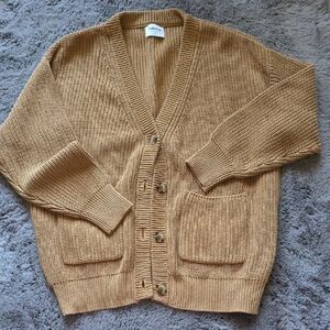 Callahan Tan Cardigan Sweater V-Neck Ribbed Button Cable Fisherman Large
